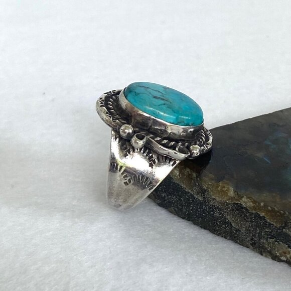 VTG Sterling Silver 925 Hemerson Brown Navajo Oval Bezel Set Turquoise Ring Sz 8 - Picture 7 of 16